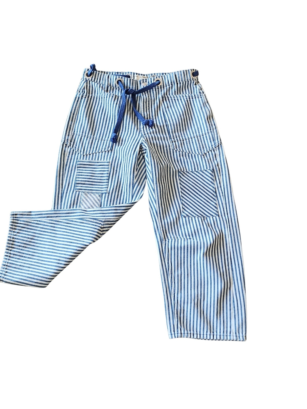 Free People Moxie Railroad Low-Slung Jeans Blue Stripe Patchwork Utility Size 30 - Picture 3 of 16